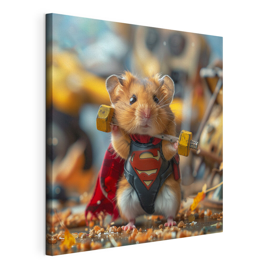 Hamster wearing a superhero garment holding a barbell Hamster wearing a superhero garment holding a barbell