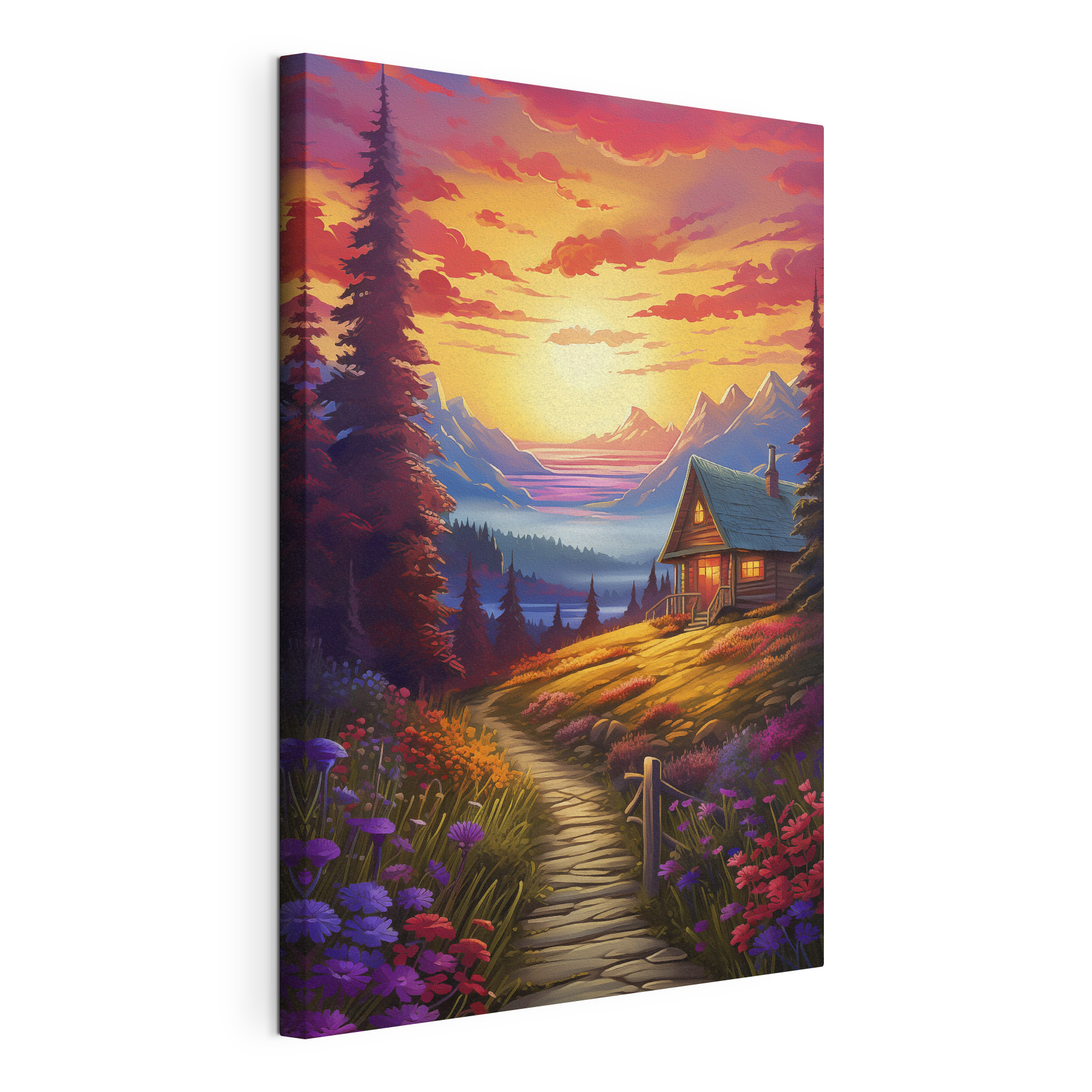 House on a hill with flowers and mountains in the background House on a hill with flowers and mountains in the background