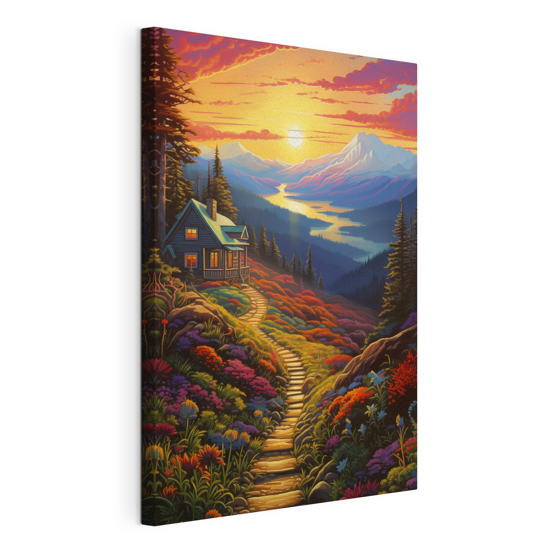 House on a hill with a path leading to a valley with mountains and a river House on a hill with a path leading to a valley with mountains and a river