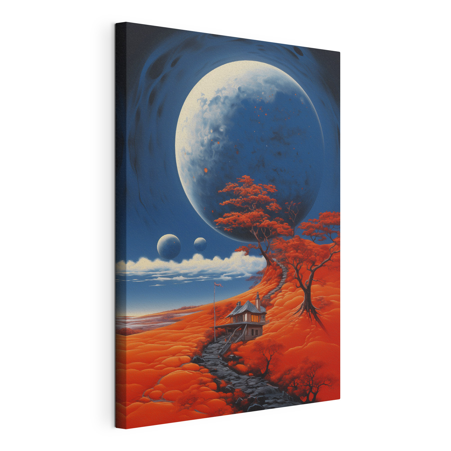 House on a hill with orange trees and a large moon House on a hill with orange trees and a large moon