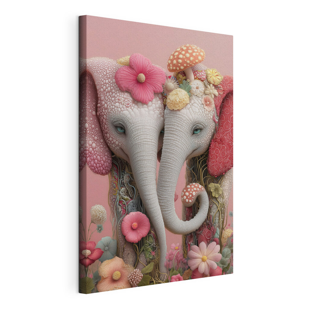 Two elephants with flowers on their heads