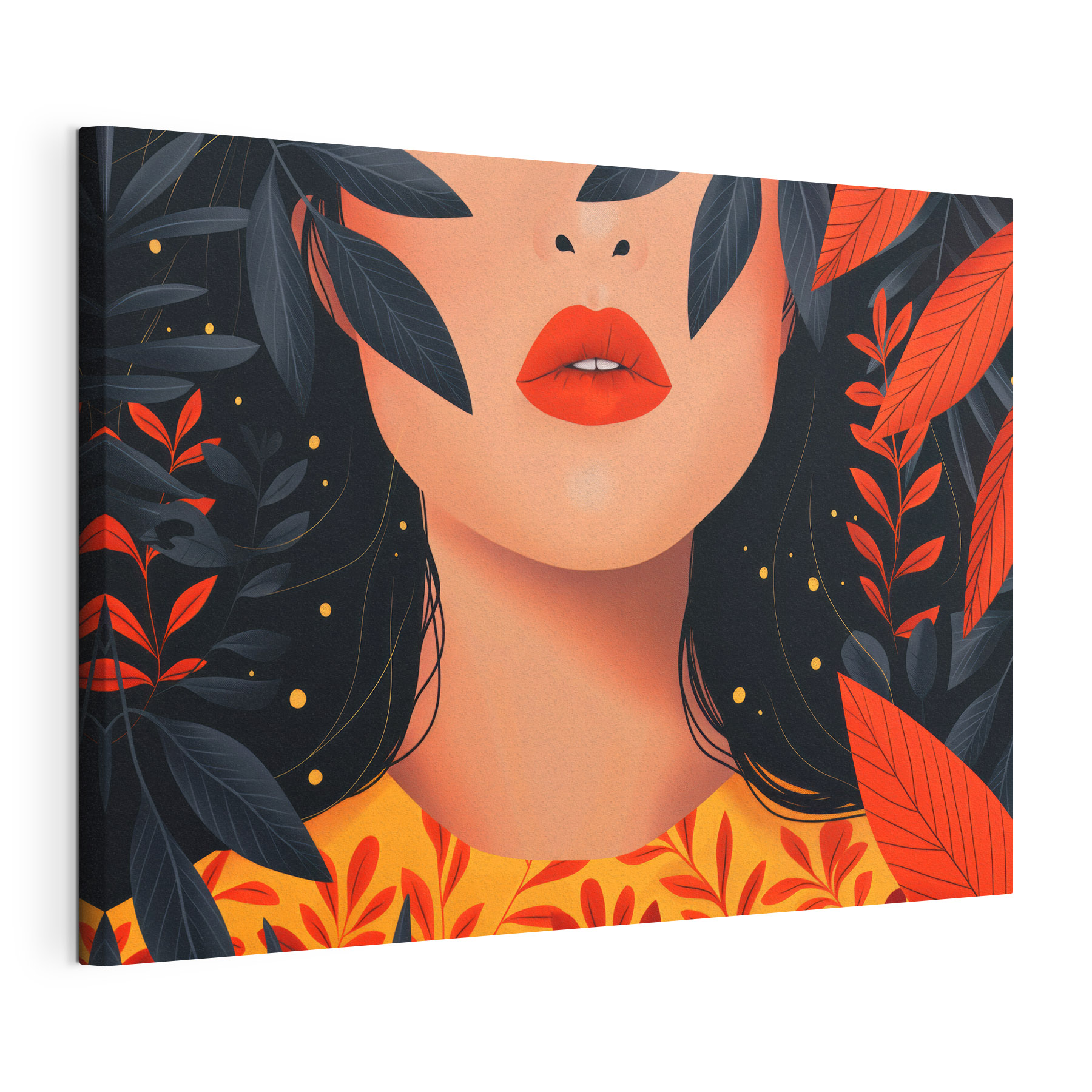Woman with red lips and black leaves Woman with red lips and black leaves