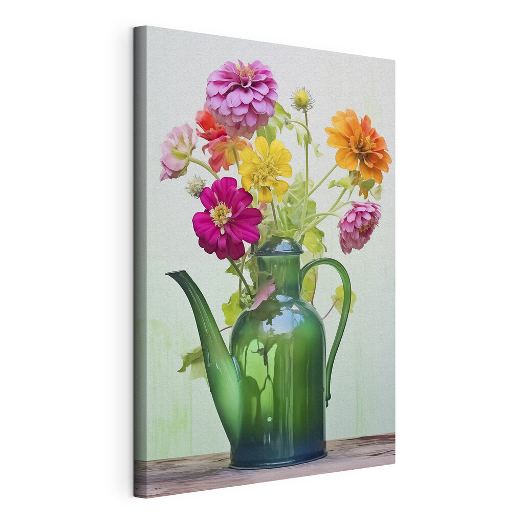 Green teapot with colorful flowers Green teapot with colorful flowers
