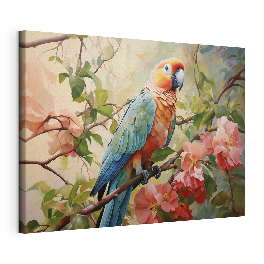 Colorful bird sitting on a branch with flowers