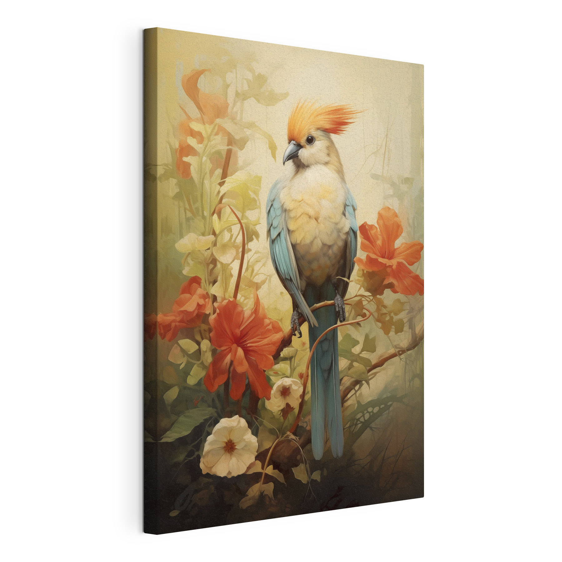 Bird sitting on a branch with flowers