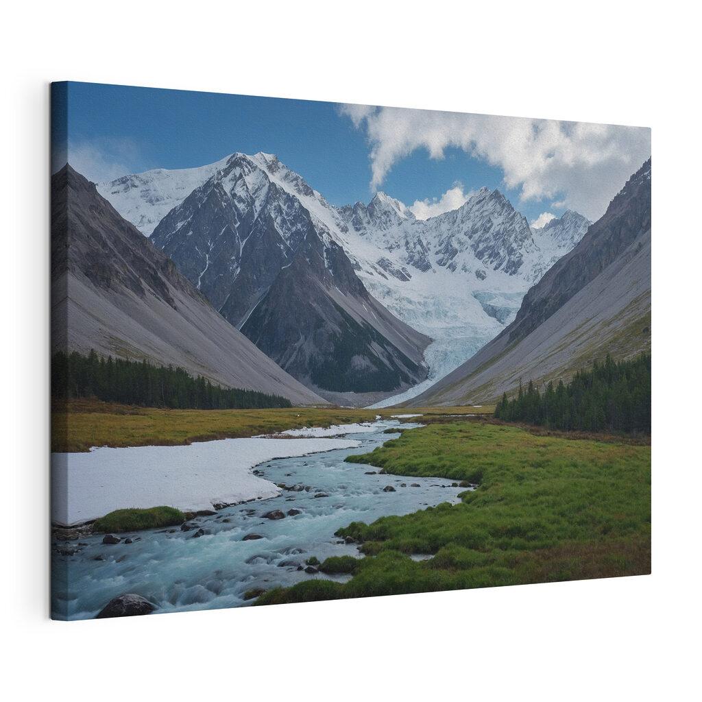 River running through a valley with snow covered mountains