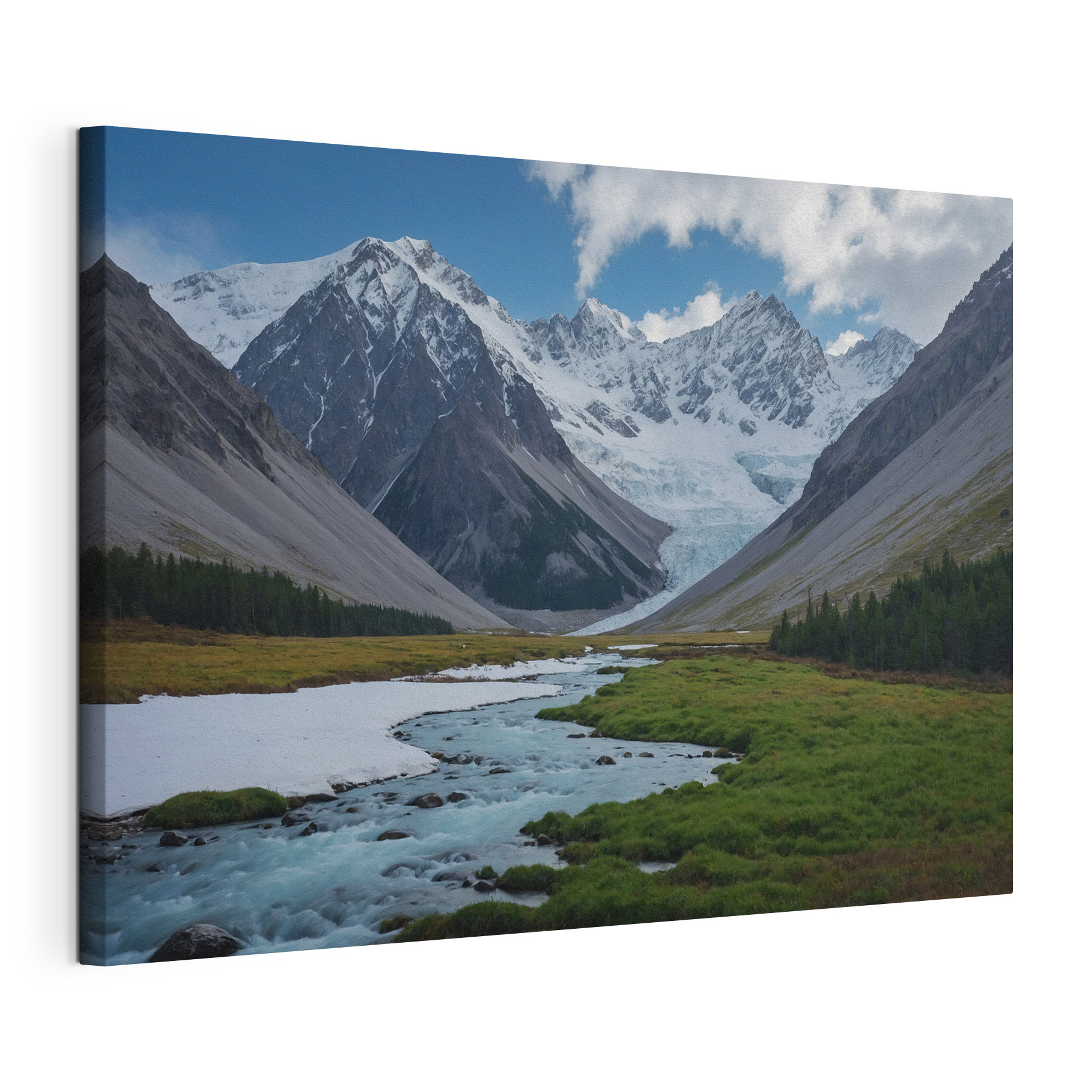 River running through a valley with snow covered mountains