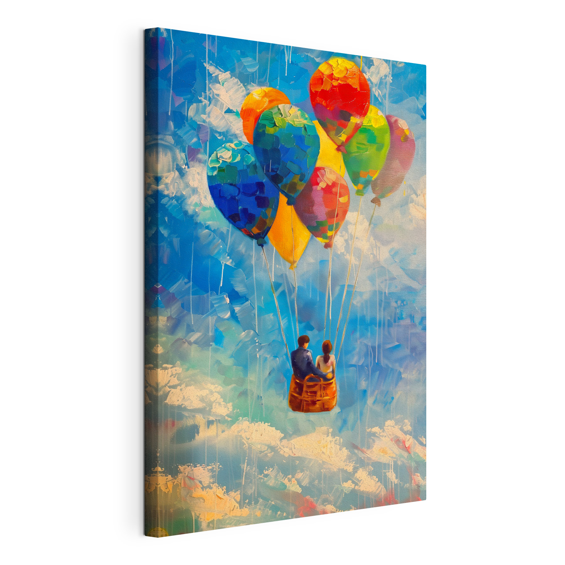 Painting of a couple in a basket with colorful balloons Painting of a couple in a basket with colorful balloons