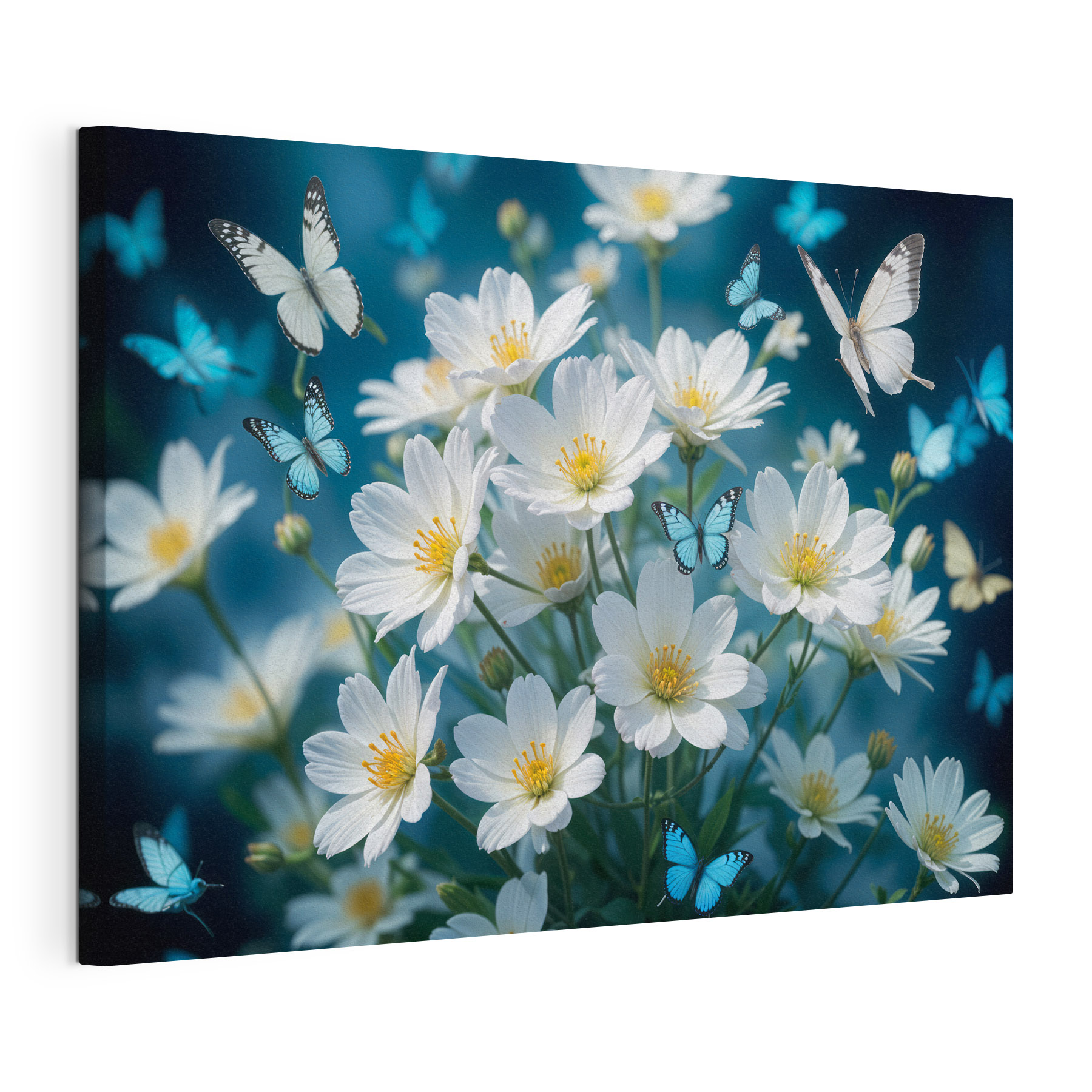 Group of butterflies flying around a white flowers