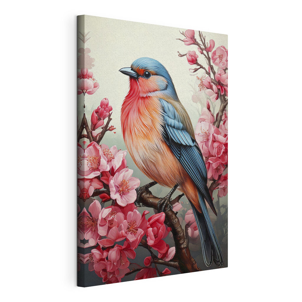 Colorful bird sitting on a branch with pink flowers Colorful bird sitting on a branch with pink flowers