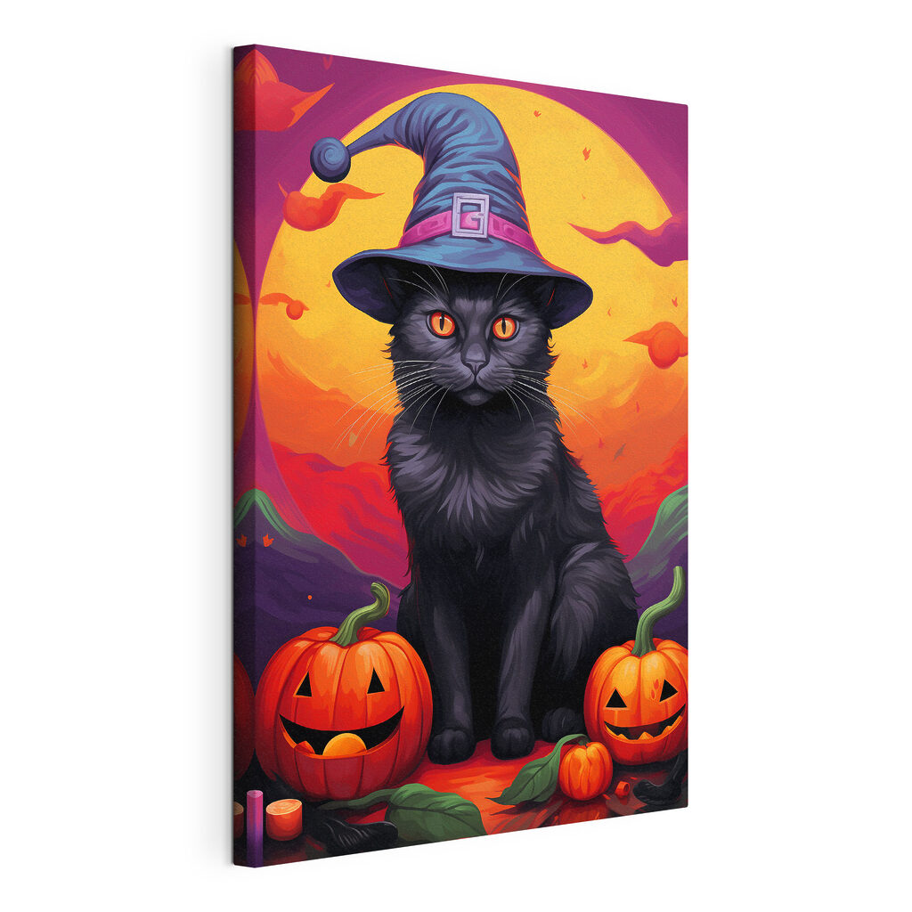Black cat wearing a person hat and pumpkins Black cat wearing a person hat and pumpkins