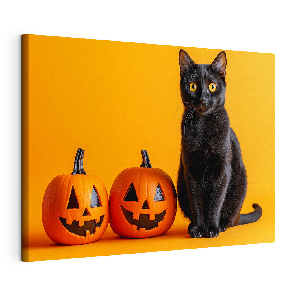 Black cat sitting next to two carved pumpkins Black cat sitting next to two carved pumpkins