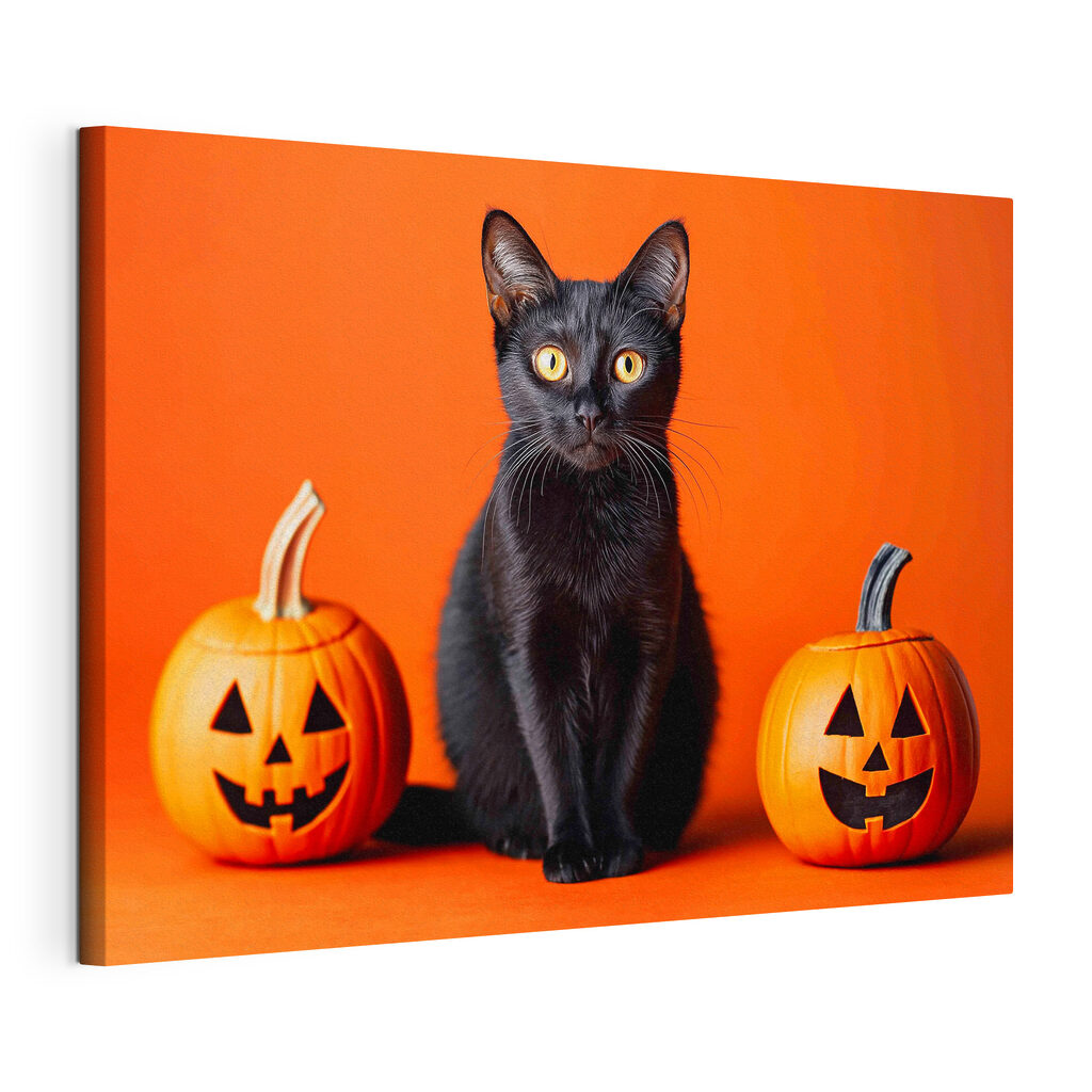 Black cat sitting next to two pumpkins