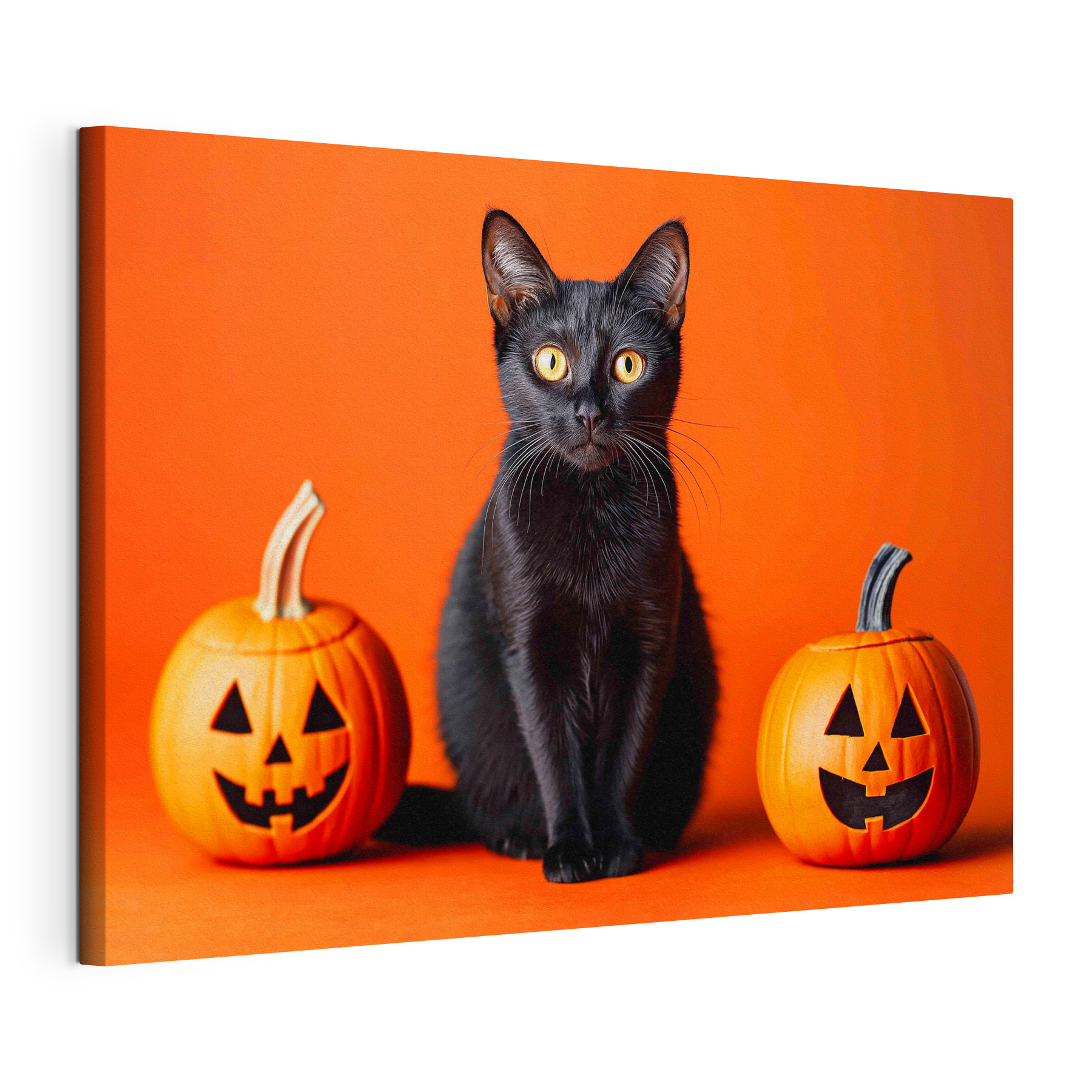 Black cat sitting next to two pumpkins