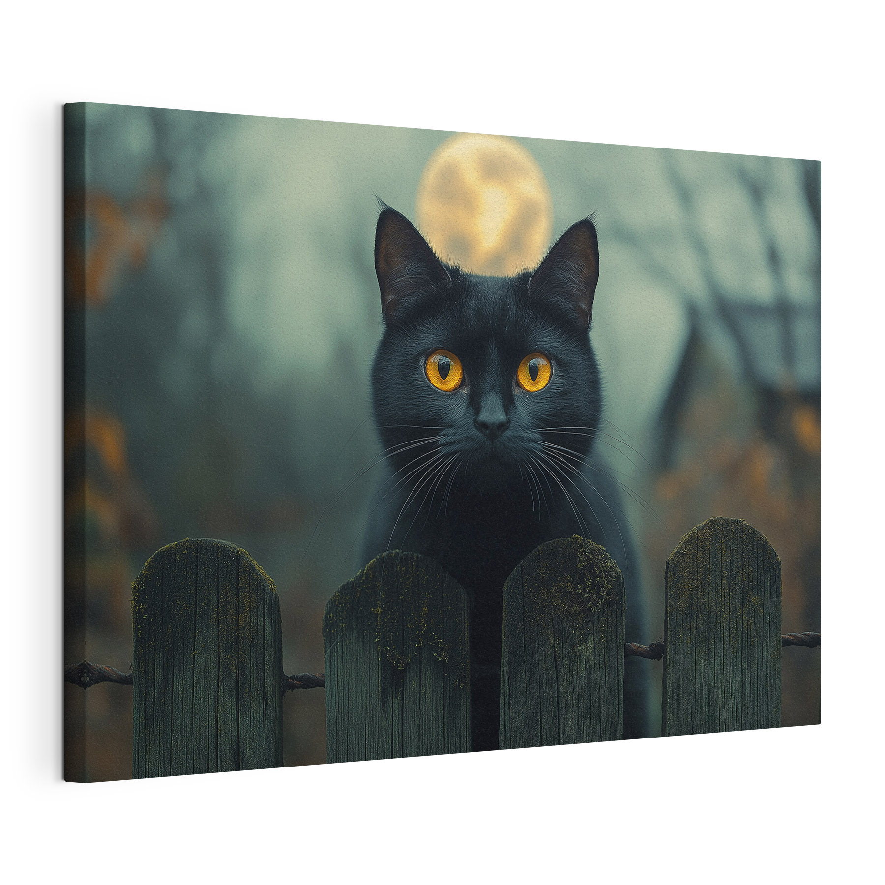 Black cat with yellow eyes behind a fence