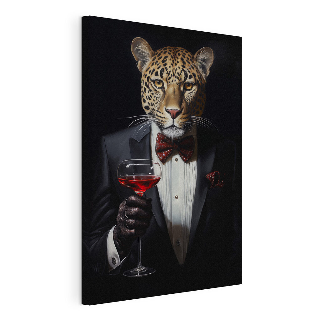 Leopard wearing a suit and bow tie holding a wine glass