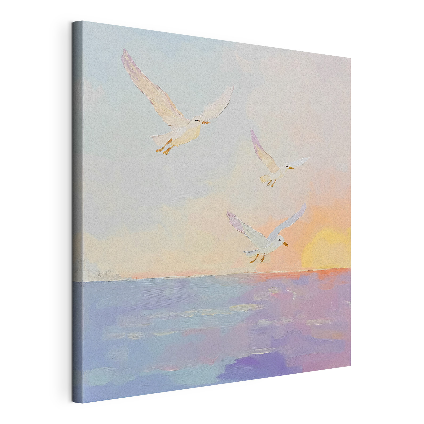 Painting of birds flying over water Painting of birds flying over water