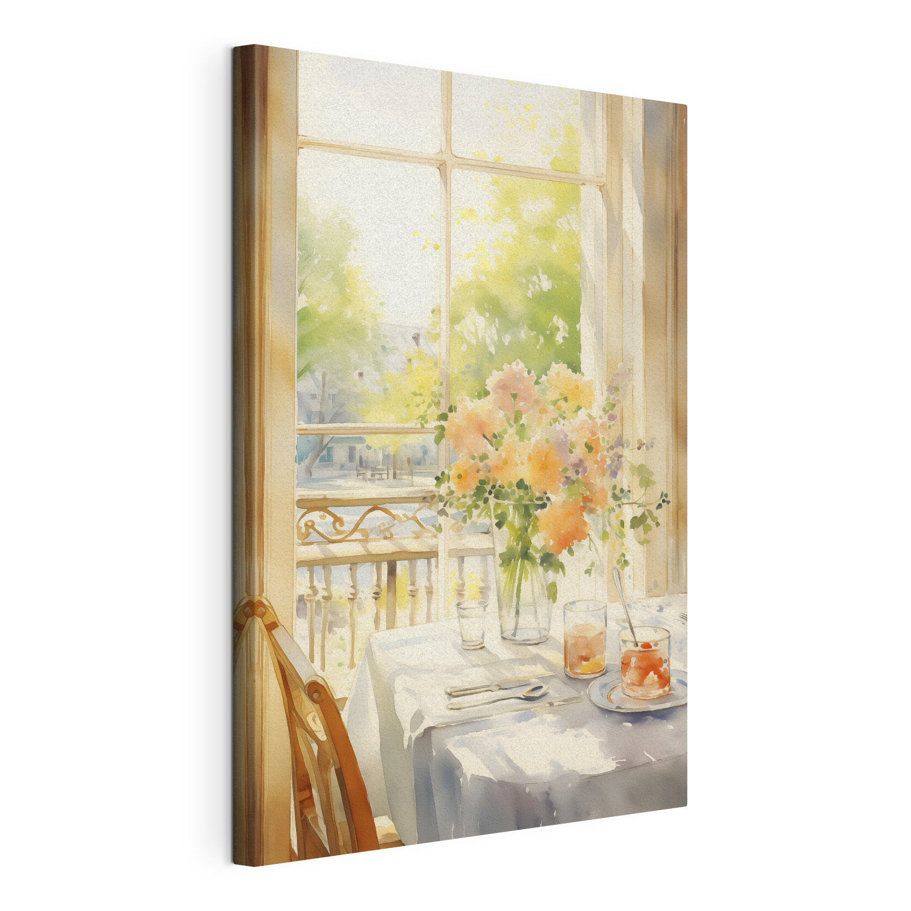 Watercolor painting of a table with flowers and glasses