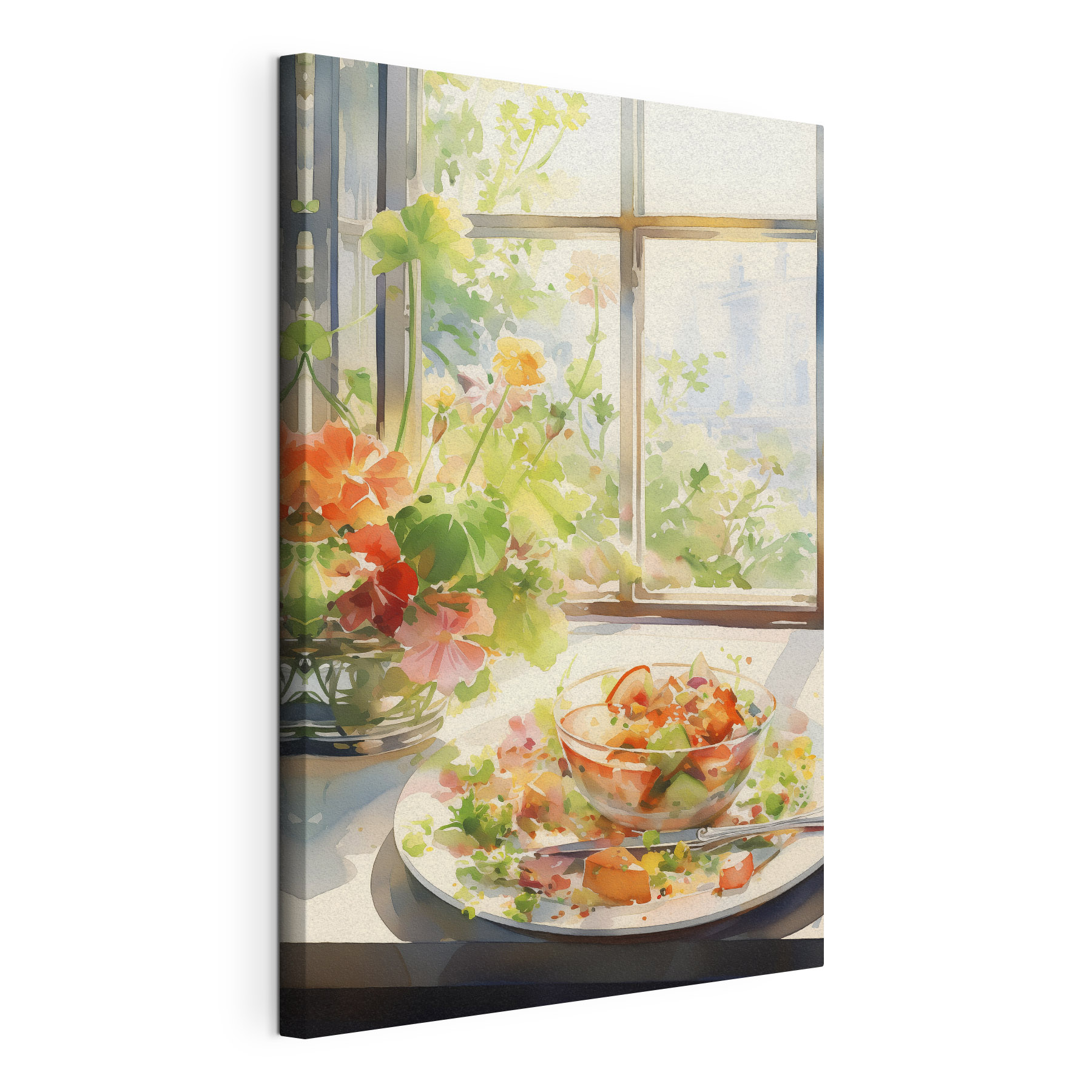Watercolor painting of a bowl of food and flowers in front of a window Watercolor painting of a bowl of food and flowers in front of a window