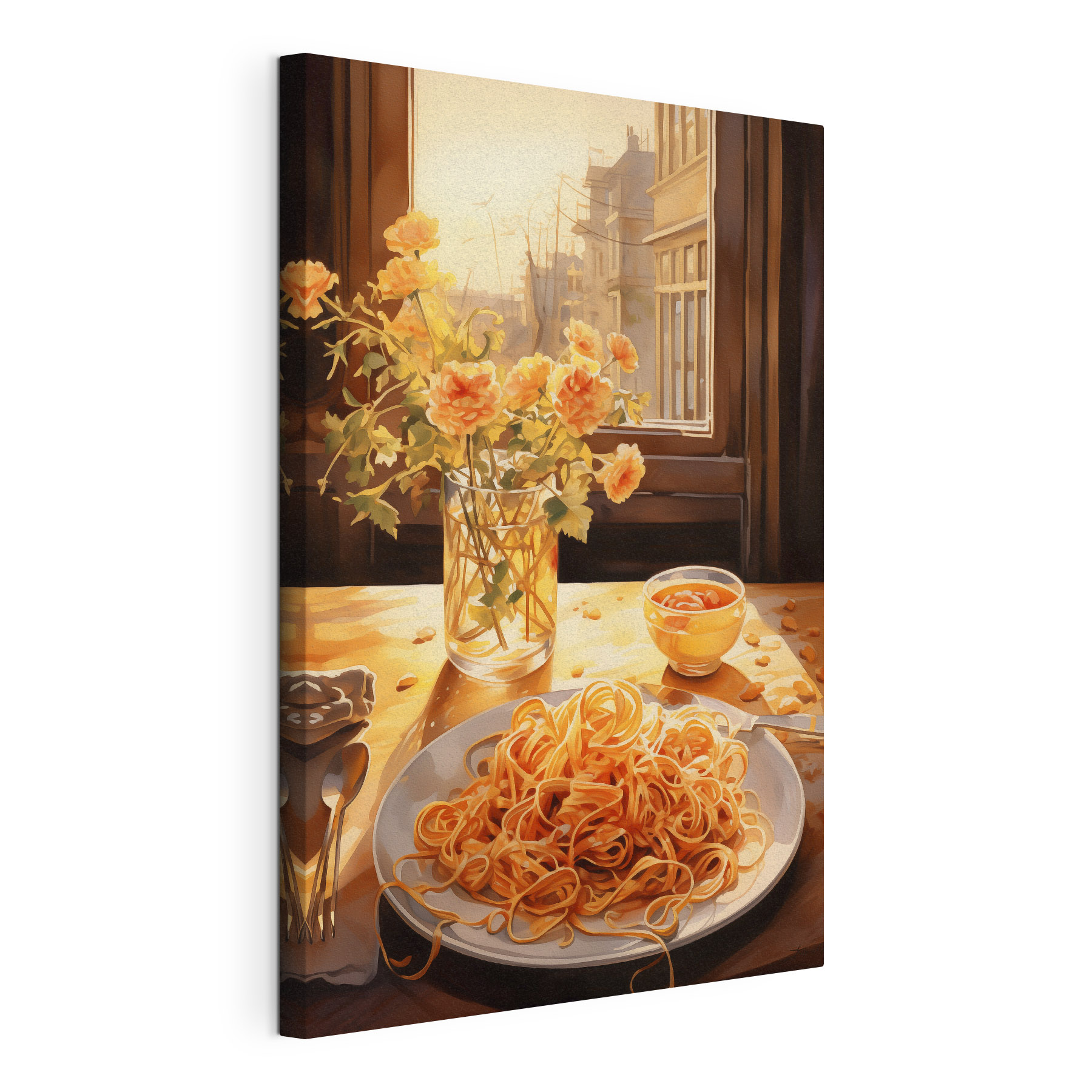 Plate of pasta and a vase of flowers Plate of pasta and a vase of flowers