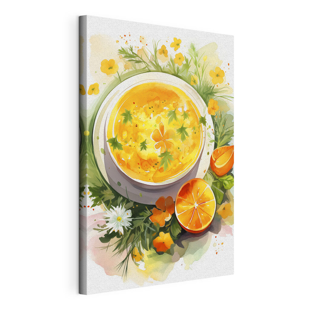 Bowl of orange soup with flowers and leaves