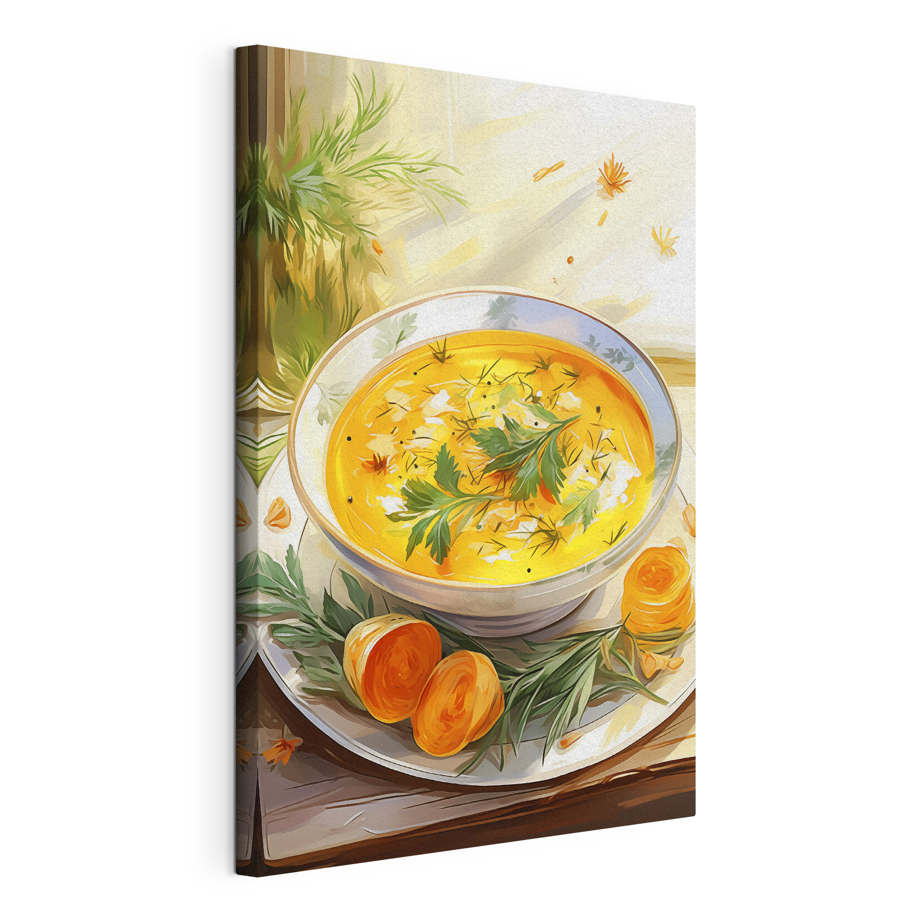 Bowl of soup with greens on a plate Bowl of soup with greens on a plate