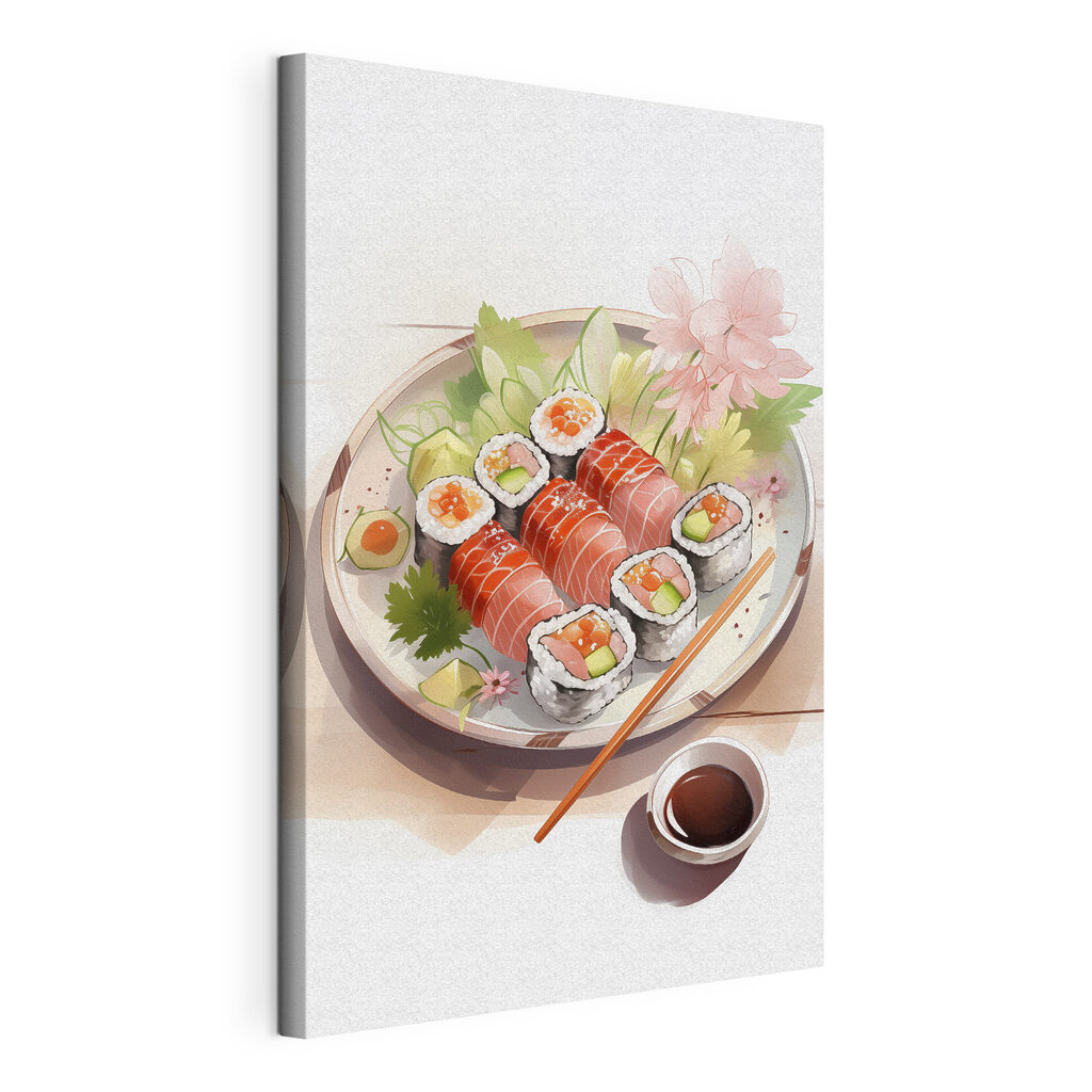 Plate of sushi with sauce and flowers