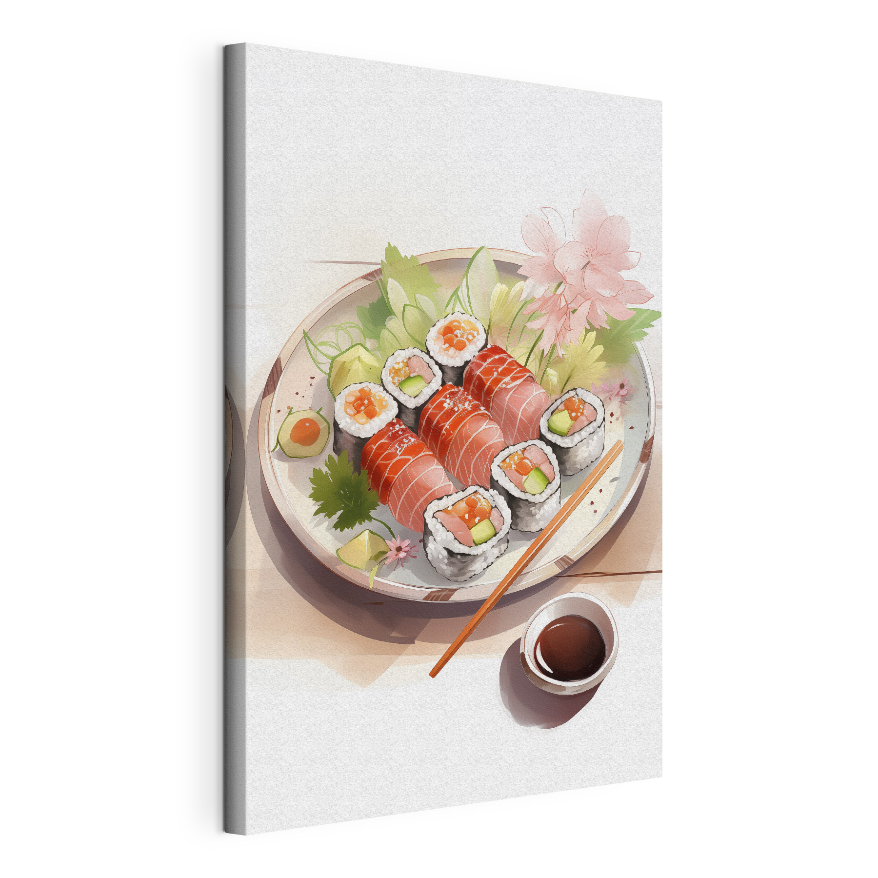 Plate of sushi with sauce and flowers