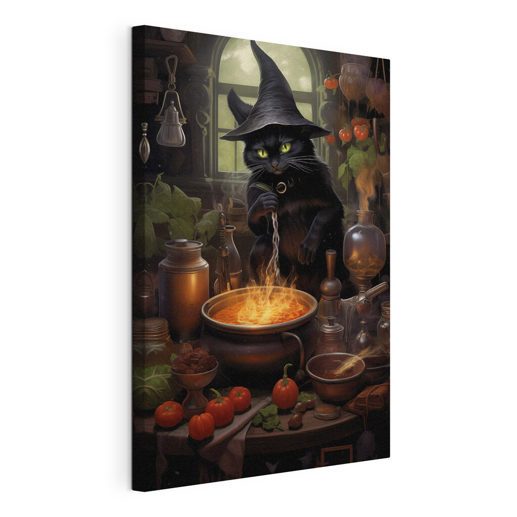 Cat in a person hat cooking a pot of food