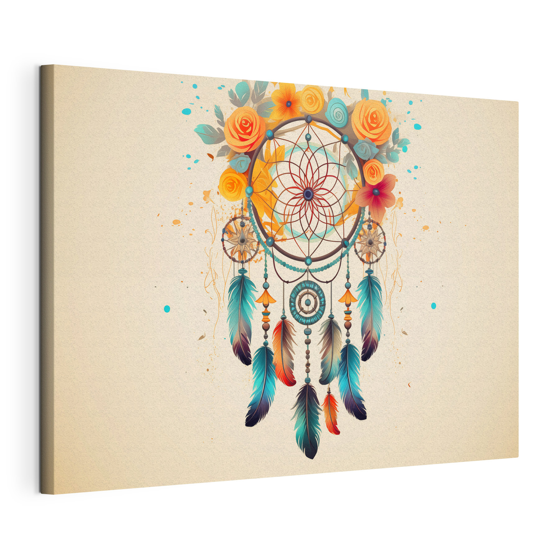 Dream catcher with flowers and feathers