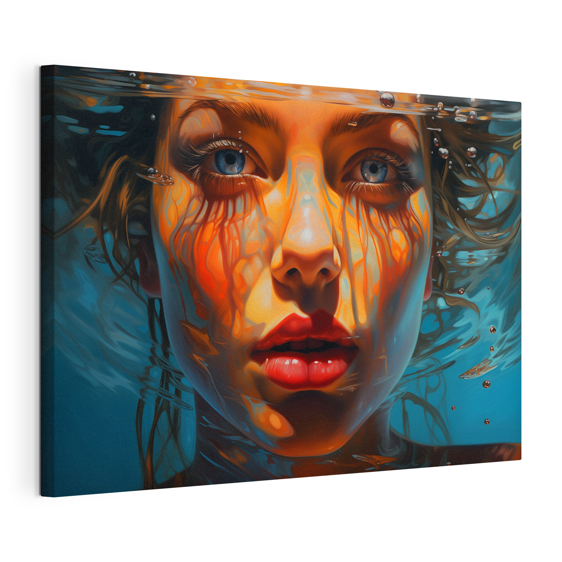 Woman under water with water droplets