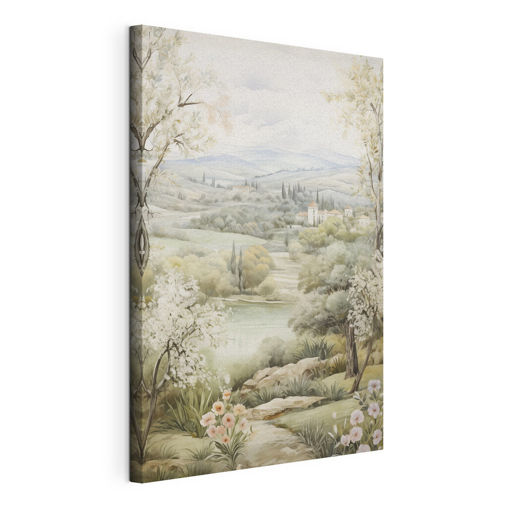 Painting of a landscape with trees and a river Painting of a landscape with trees and a river