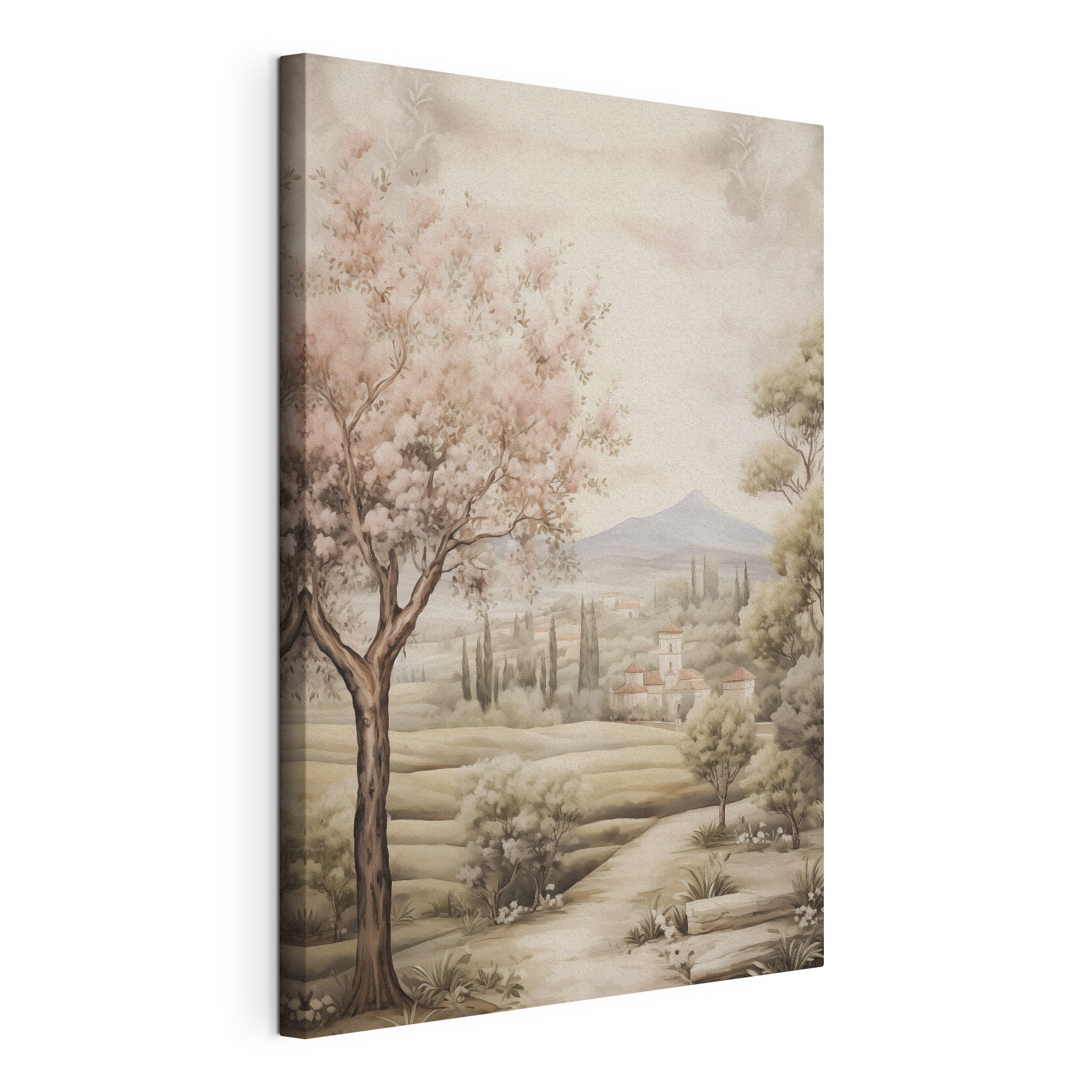 Painting of a landscape with trees and a building Painting of a landscape with trees and a building