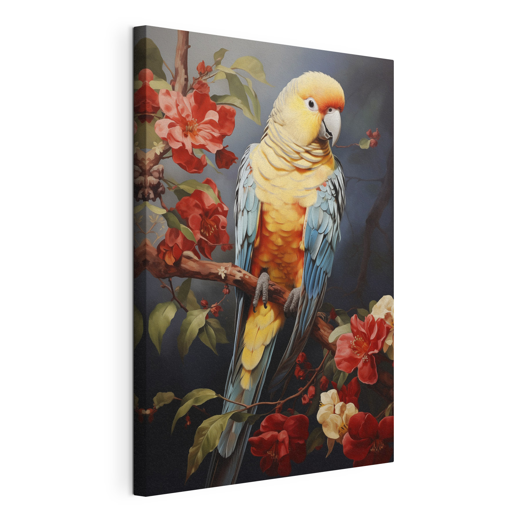 Colorful bird sitting on a branch with flowers