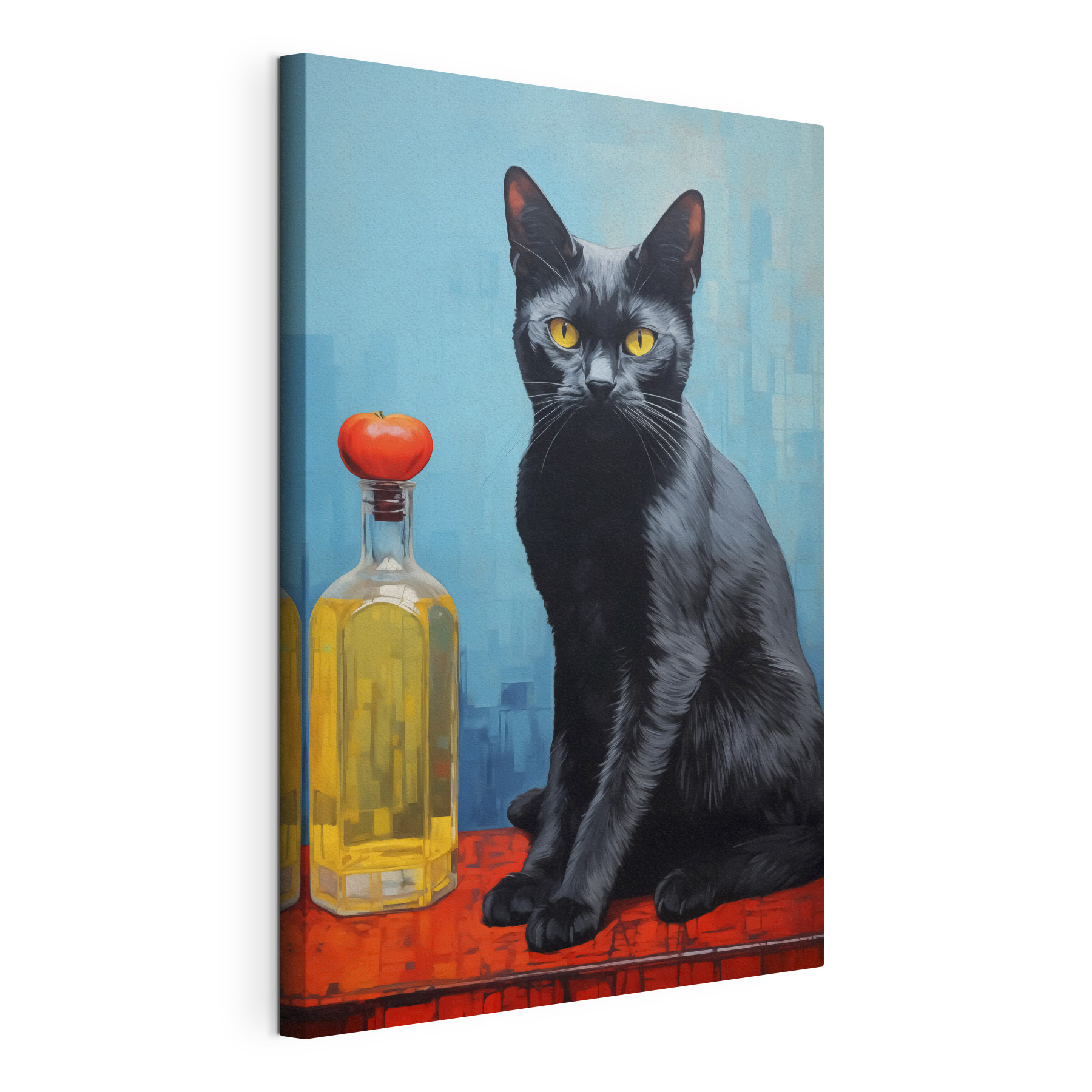 Black cat sitting next to a bottle of liquid Black cat sitting next to a bottle of liquid
