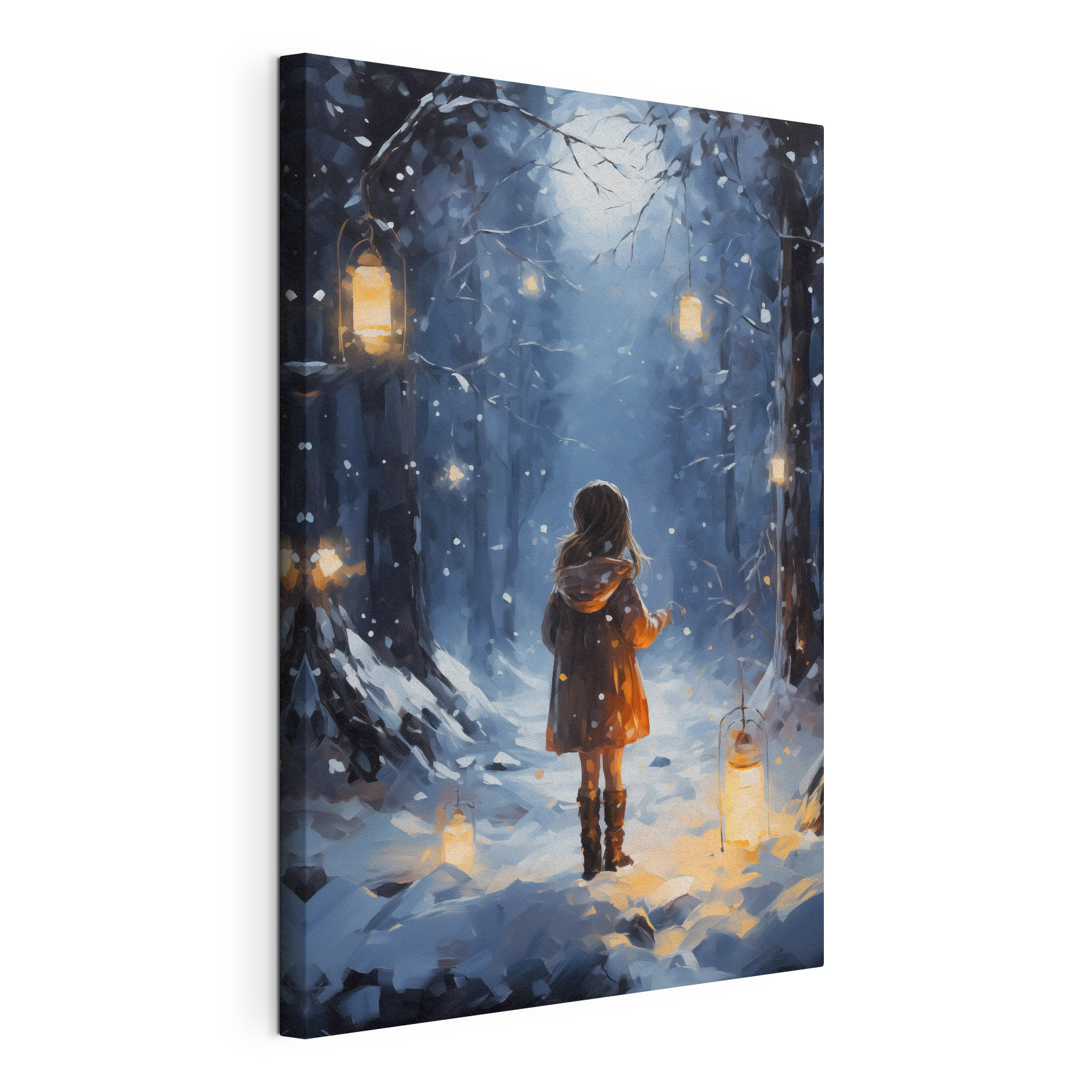 Girl standing in a snowy forest with lanterns