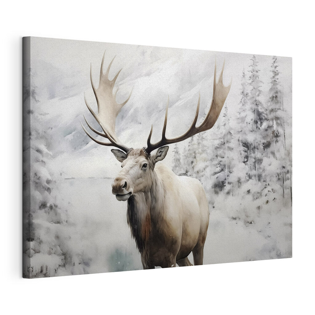 Moose with large antlers standing in a snowy forest