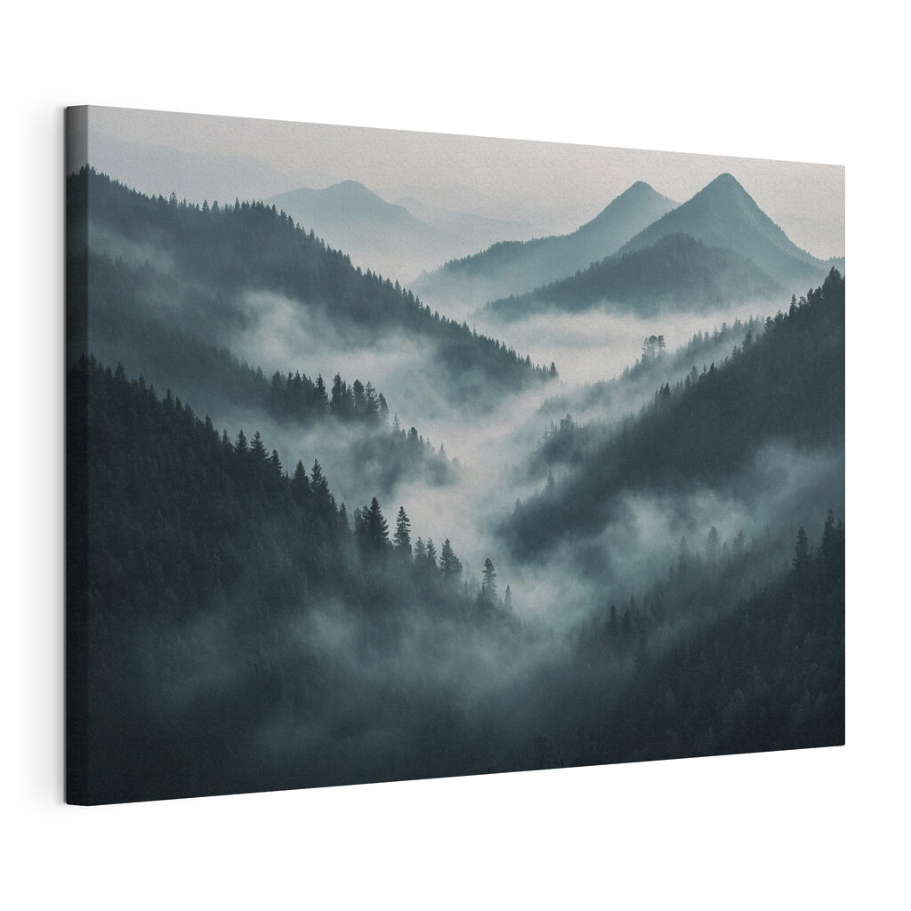 Foggy mountain range with trees