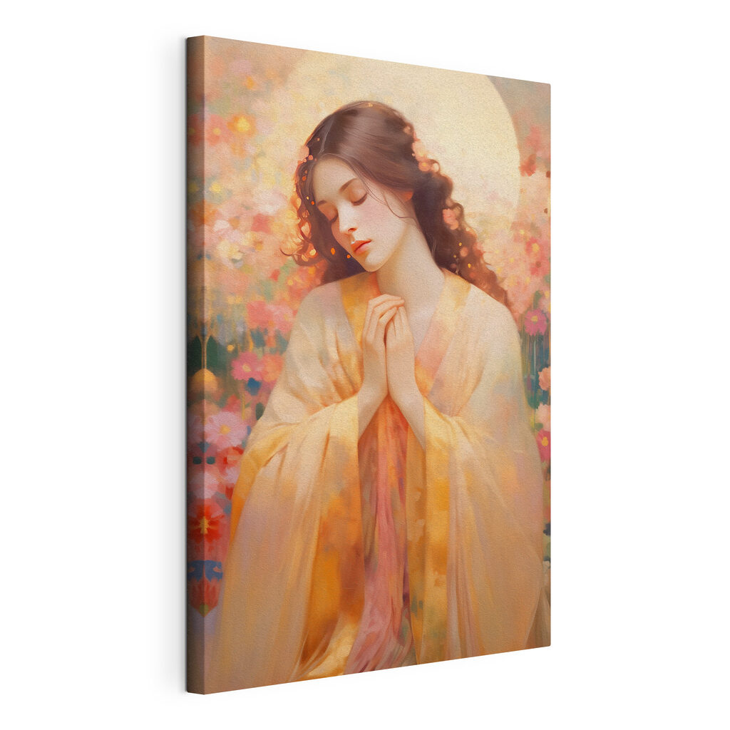 Woman in a robe with her hands together in front of a flowery background Woman in a robe with her hands together in front of a flowery background