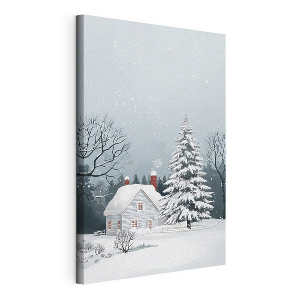 Casa con la neve sul tetto e un albero nella neve Quadri Casa con la neve sul tetto e un albero nella neve