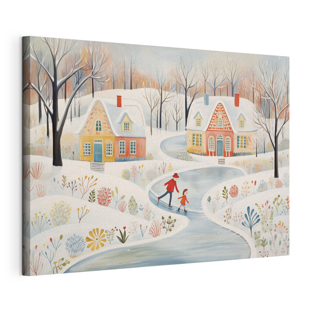 Painting of a couple of people skating on a snowy road