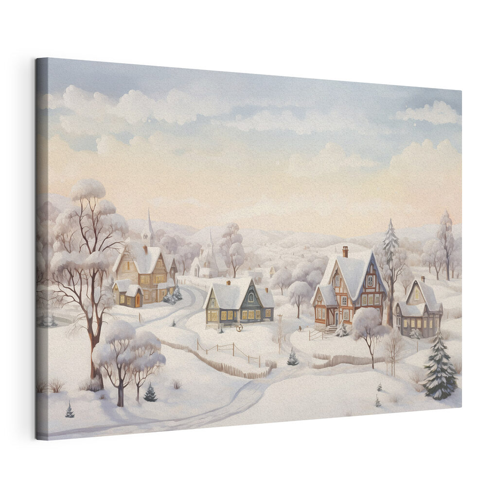 Snow covered village with houses and trees