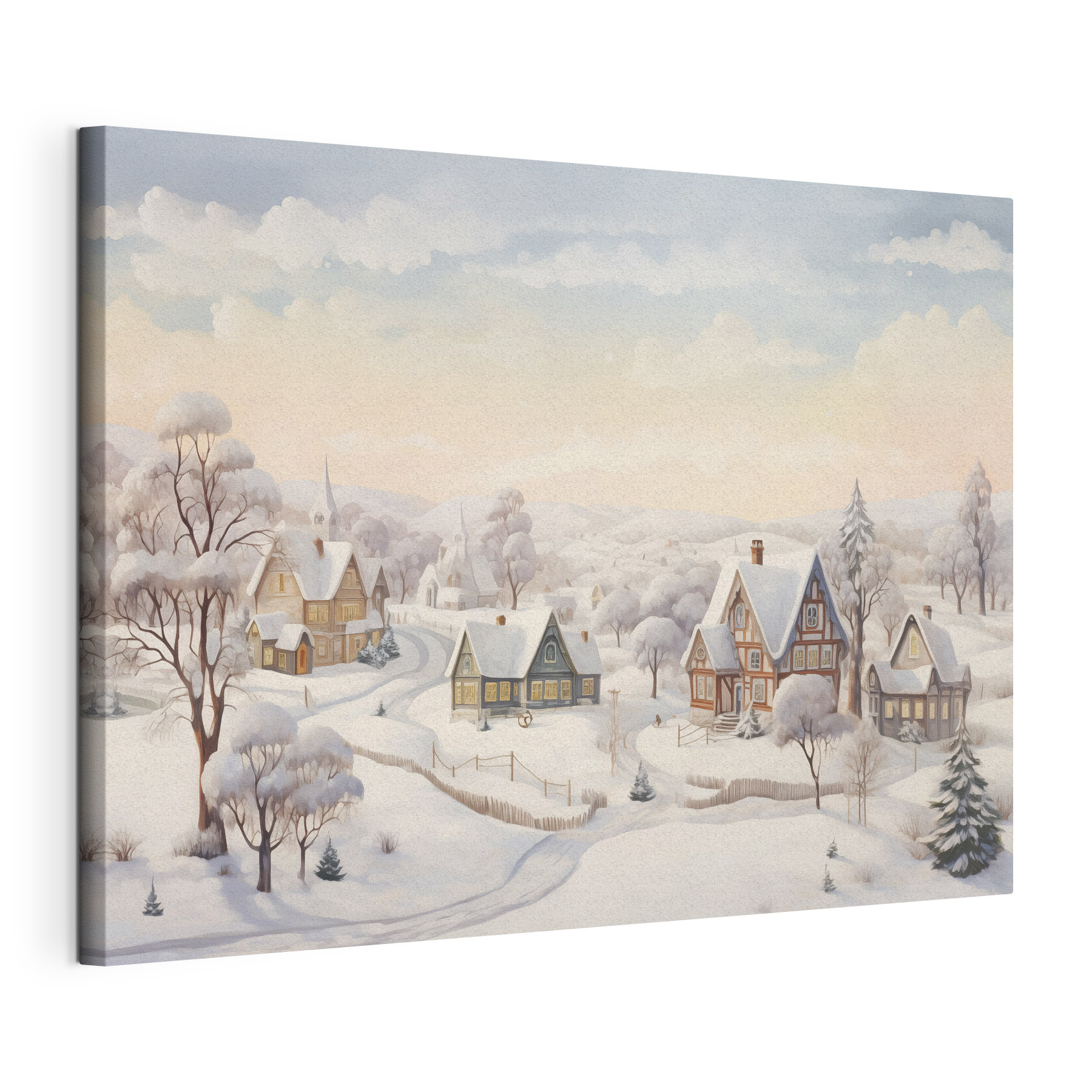 Snow covered village with houses and trees