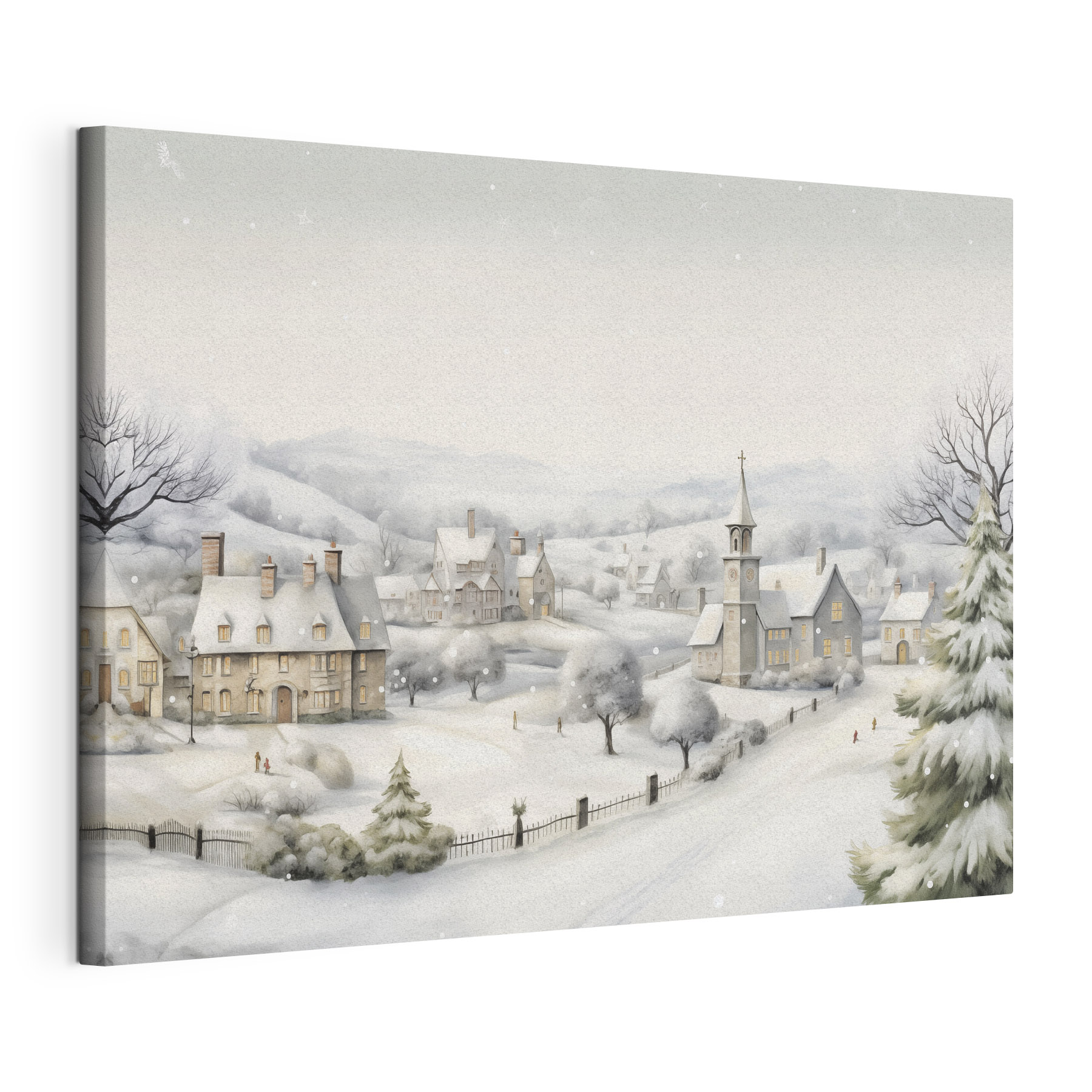 Snow covered village with a church and trees
