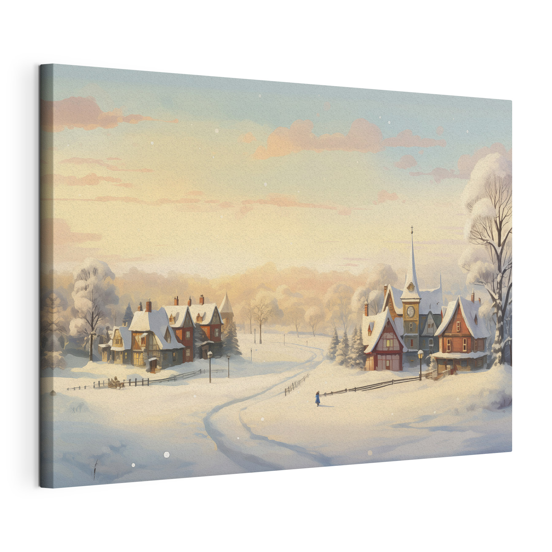 Snow covered town with a church and a road Snow covered town with a church and a road