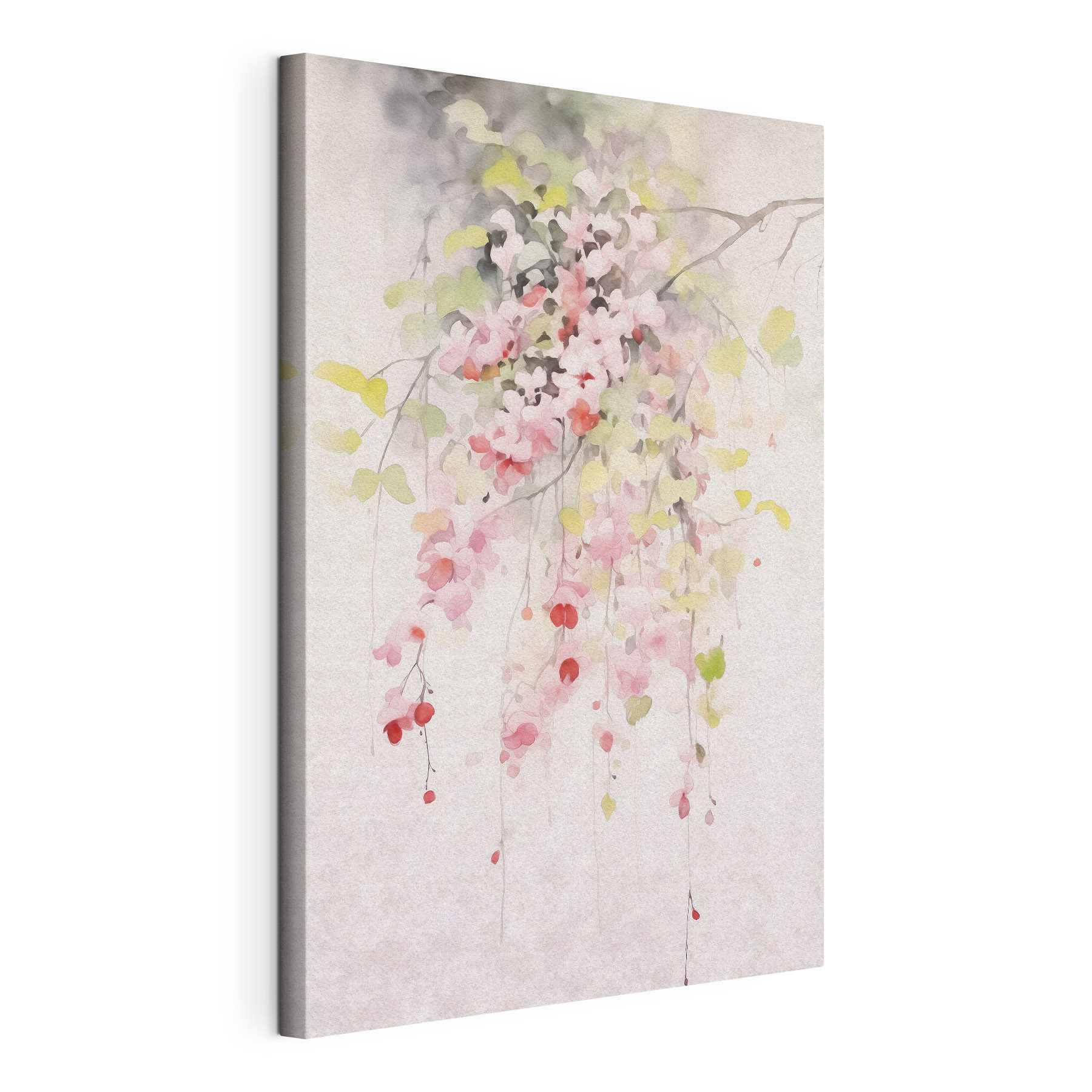 Watercolor painting of pink flowers and green leaves