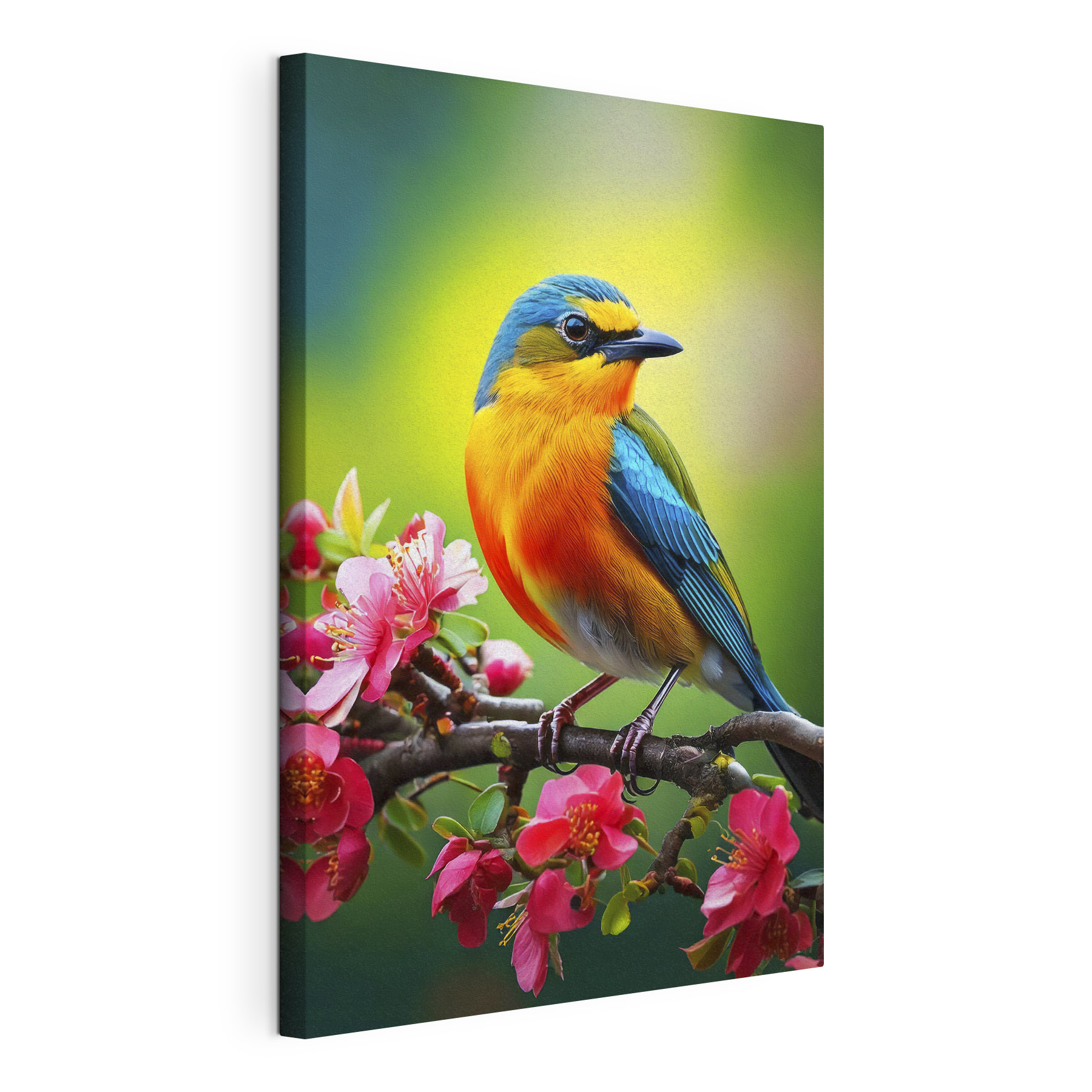 Colorful bird on a branch with pink flowers