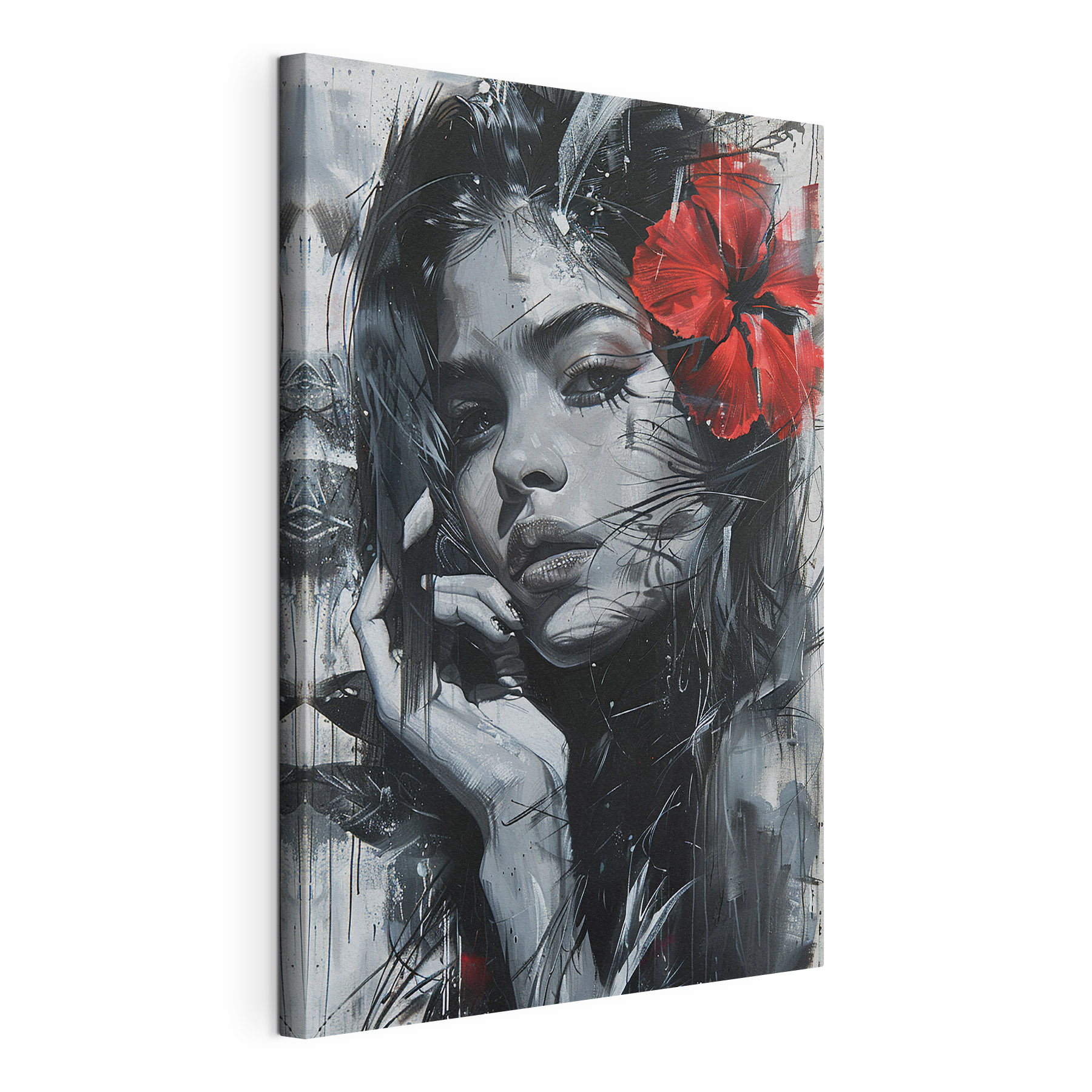 Painting of a woman with a red flower in her hair Painting of a woman with a red flower in her hair
