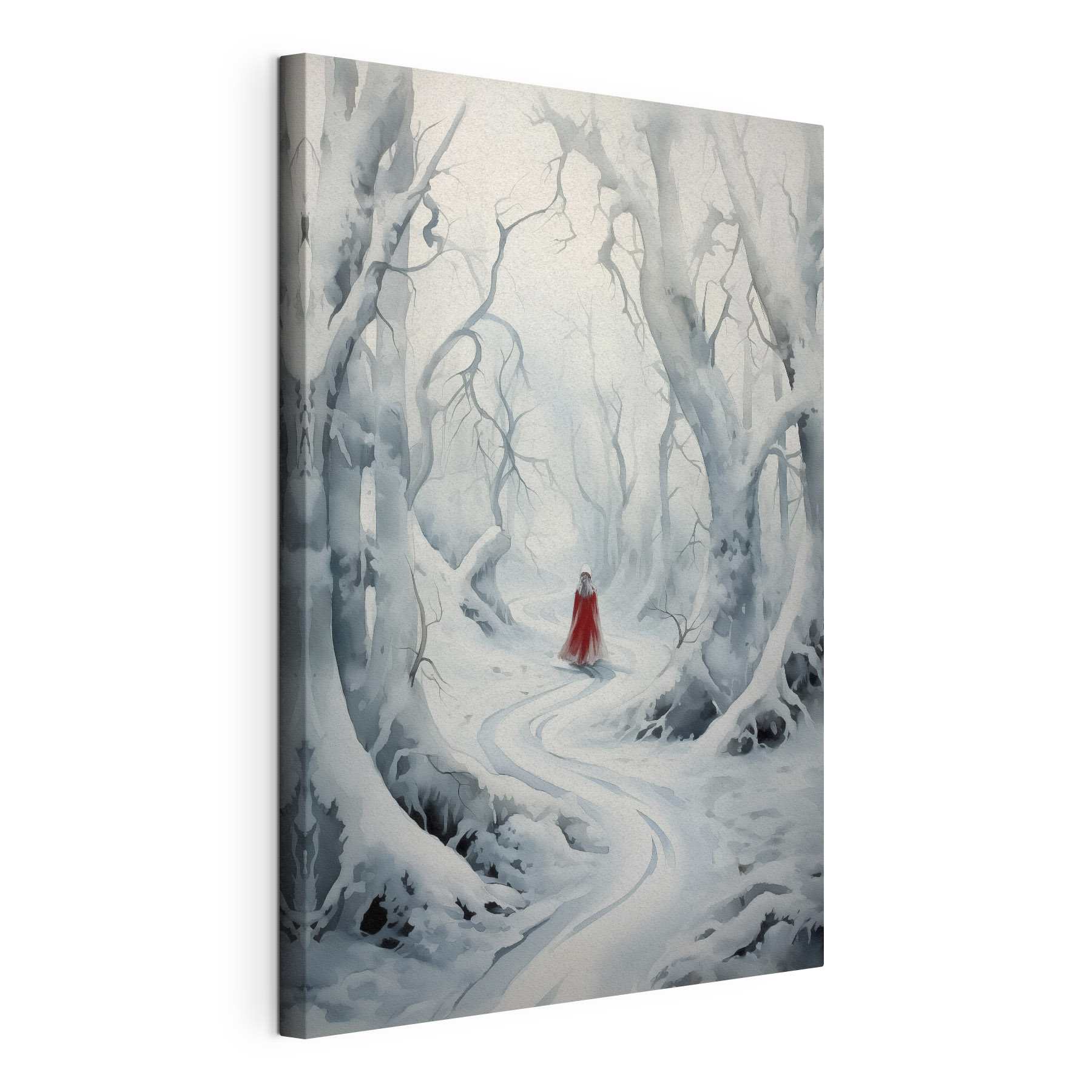 Person in a red cape walking through a snowy forest Person in a red cape walking through a snowy forest