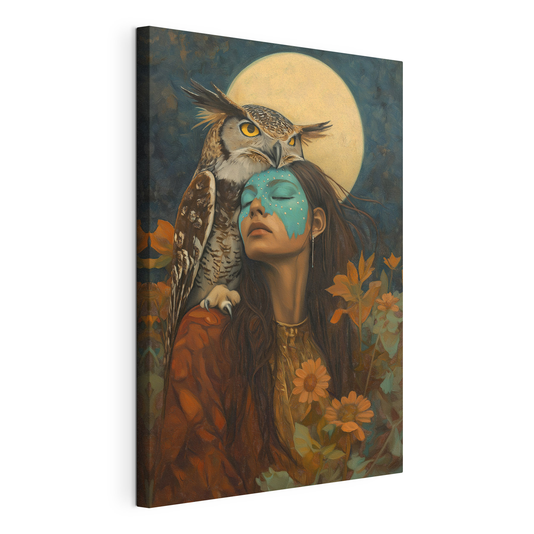 Painting of a woman with an owl on her head Painting of a woman with an owl on her head